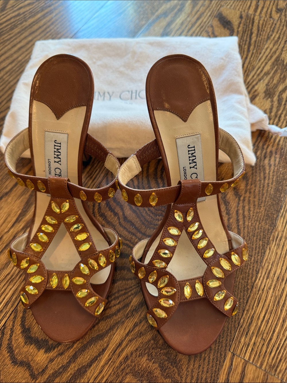 Jimmy Choo Brown Leather T-Strap Heels with Gold Gem Accents - 36.5